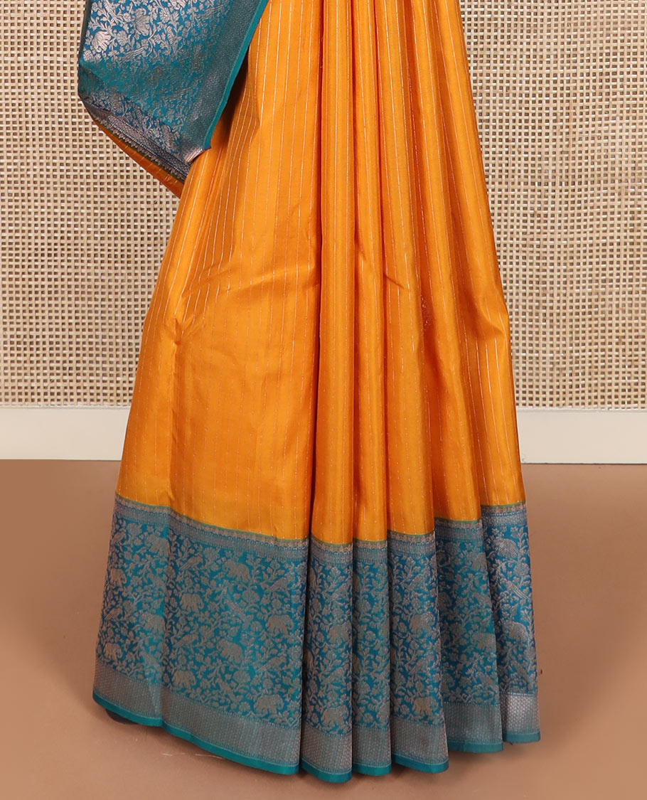 Yellow striped and zari buttas silk saree with contrast vanasingaram border of yaanai, killi, and kodi visiry designs, and jaal pallu