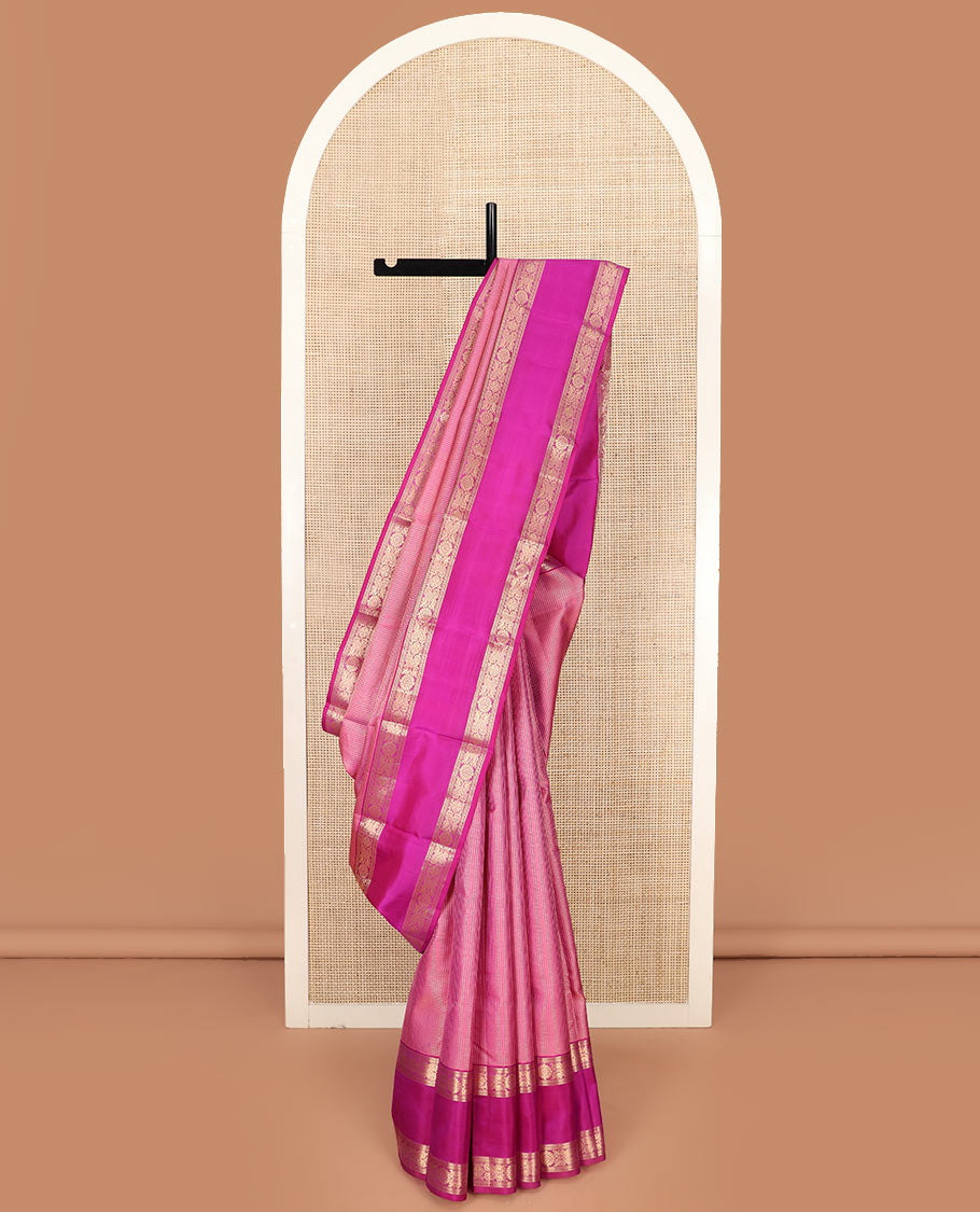 Pink Vasundhara Silk Saree Artfully Detailed with Zari Micro-Checks, Complemented by a Contrast Rettai Pettu Border of Traditional Designs, Pallu Steeped Geometric Designs, and a Contrast Blouse
