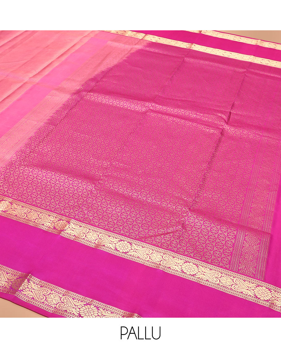 Pink Vasundhara Silk Saree Artfully Detailed with Zari Micro-Checks, Complemented by a Contrast Rettai Pettu Border of Traditional Designs, Pallu Steeped Geometric Designs, and a Contrast Blouse