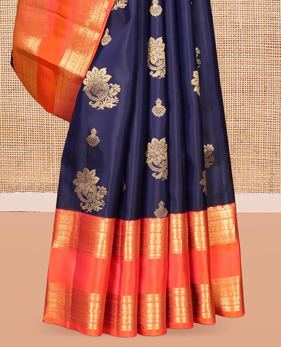 Blue Zari Buttas Vasundhara Silk Saree, Complemented by a Contrast Rettai Pettu Border of Salngai, Muthu, Kathir, Banaras, Manga, and Kamalam Designs, Jaal Pallu, and Contrast Blouse