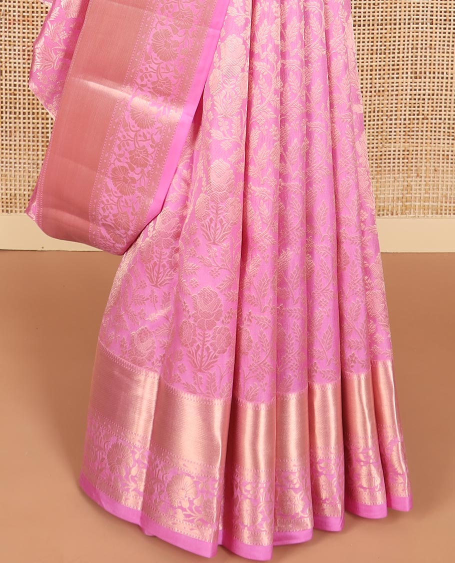 Ligth pink floral jacquard kancheepuram silk saree with self border of rekku, muthu, banaras, kodi visiry design & zari design pallu