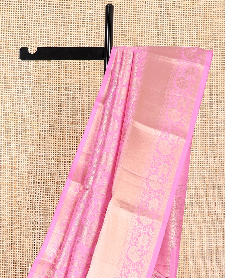 Ligth pink floral jacquard kancheepuram silk saree with self border of rekku, muthu, banaras, kodi visiry design & zari design pallu