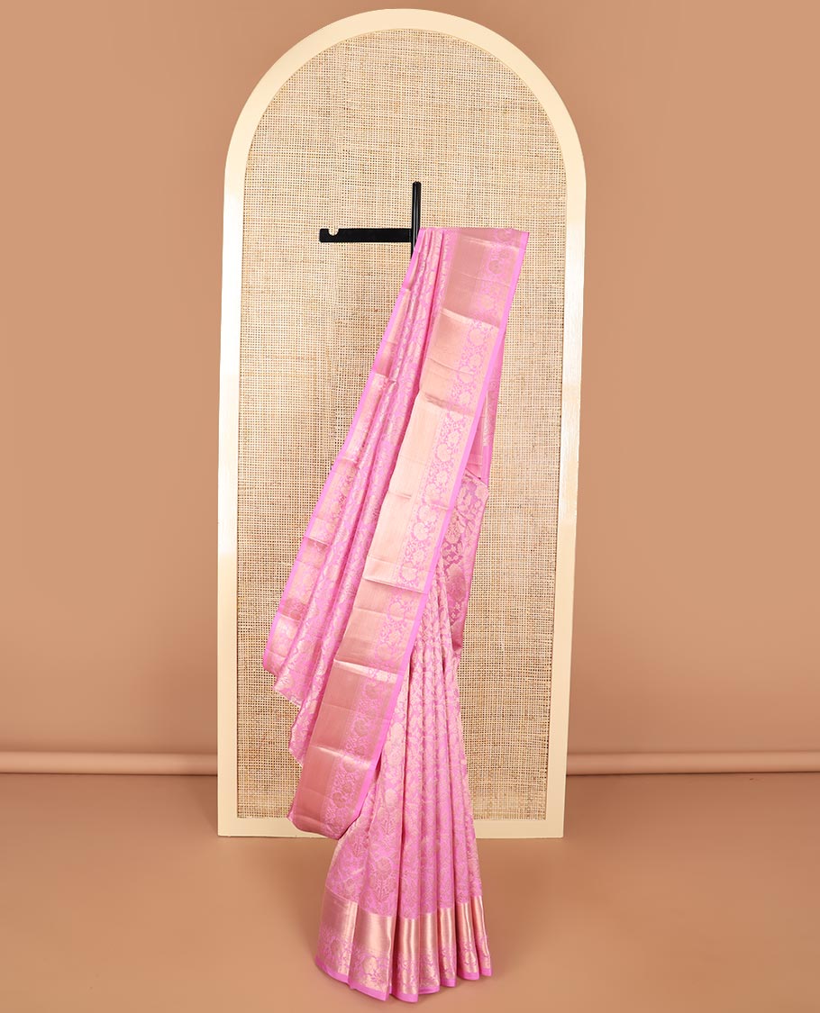 Ligth pink floral jacquard kancheepuram silk saree with self border of rekku, muthu, banaras, kodi visiry design & zari design pallu