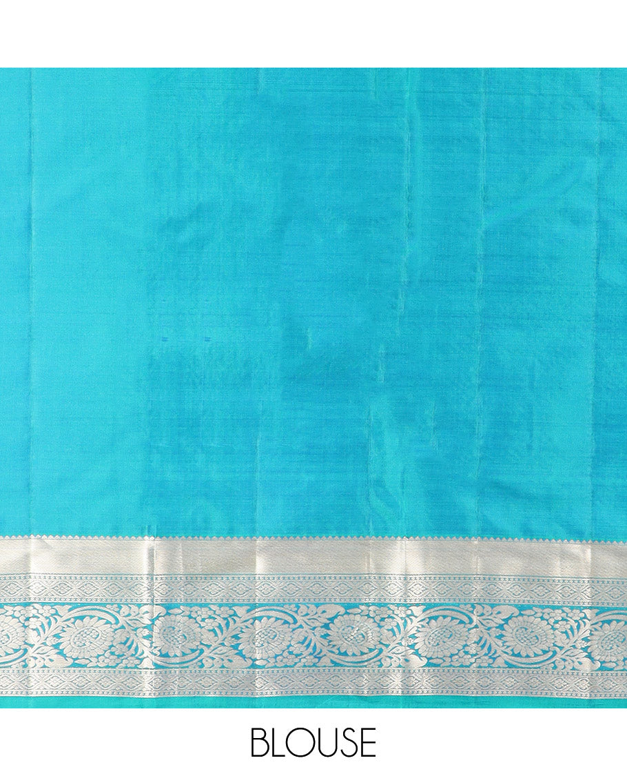 Peacock Blue Kanchipuram Silk Saree Opulently Embellished with Jacquard Design, Highlighted with Zari Border of Rekku, Ogee, and Kodi Visiry Designs, Elegantly Detailed Pallu of Geometric Designs, and Paired with a Matching Blouse