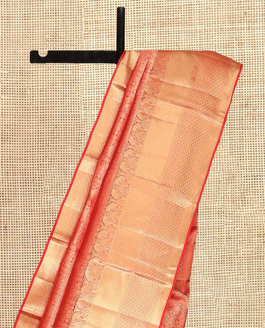 Red Kanchipuram Wedding Silk Saree, Opulently Embellished with Jacquard Design, a Zari Border of Rekku, Muthu, Kili and Jaal Designs, Grand Pallu, and a Matching Blouse
