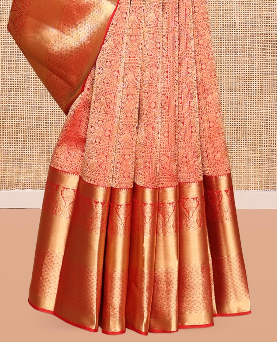 Red Kanchipuram Wedding Silk Saree, Opulently Embellished with Jacquard Design, a Zari Border of Rekku, Muthu, Kili and Jaal Designs, Grand Pallu, and a Matching Blouse
