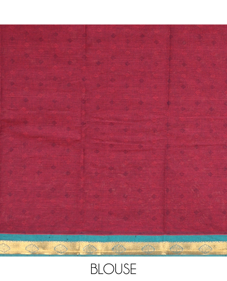Maroon Kanchi Cotton Saree, Adorned with Buttas and Stripes on Its Body, Complemented by Contrast Zari Border, a Pallu of Jaal Designs, and Paired with a Matching Blouse