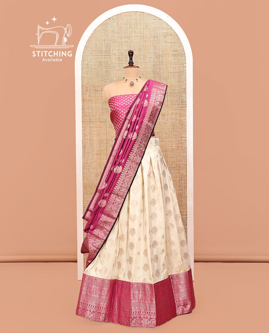 Cream-Magenta Art Silk Half Saree, Embellished with Zari Buttas Skirt, Contrast Traditional Border, Jacquard Blouse, and a Contrast Banaras Dhavani