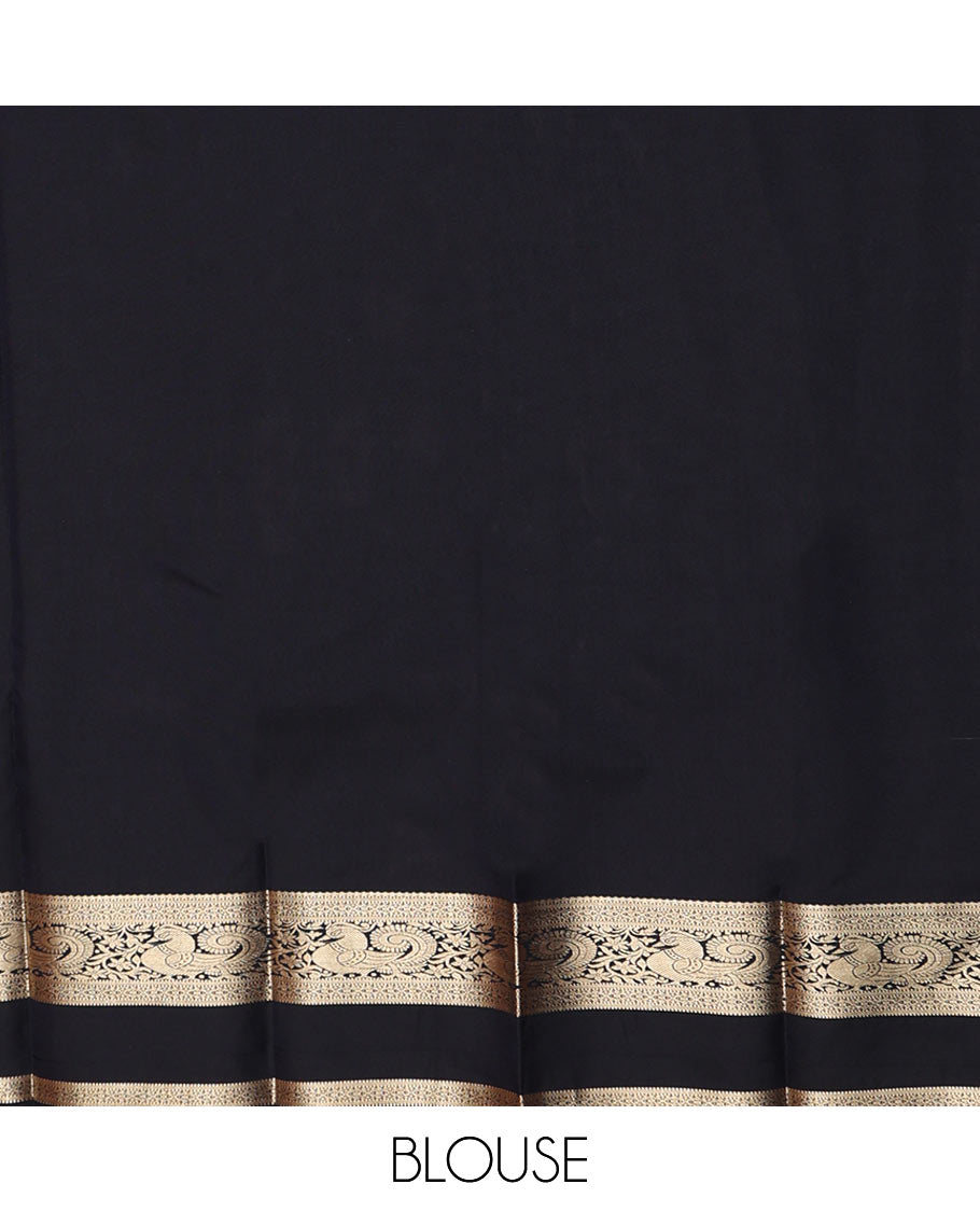 Inky Black Budget Silk Saree Richly Detailed with Zari Buttas, Featuring a Traditional Zari-Design Rettai Pettu Border, Self-Colored Pallu Ofintricate Designs, and a Matching Blouse