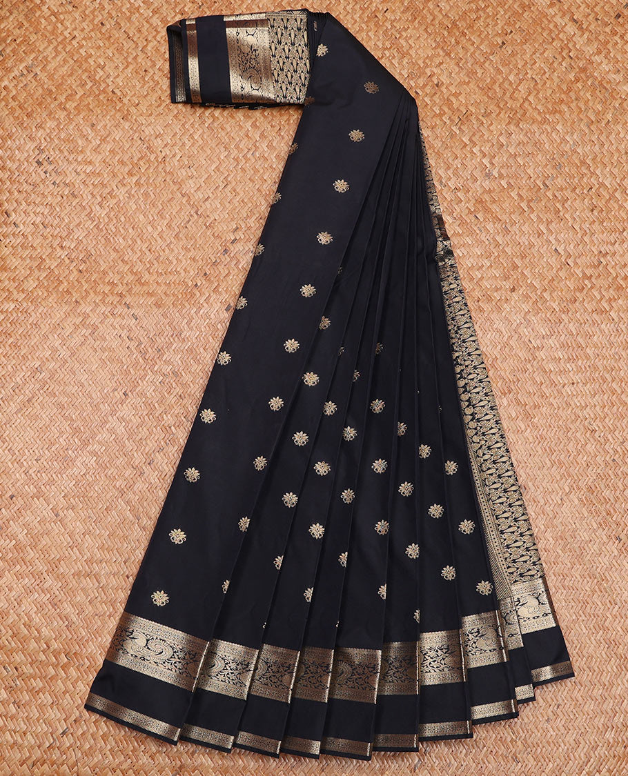 Inky Black Budget Silk Saree Richly Detailed with Zari Buttas, Featuring a Traditional Zari-Design Rettai Pettu Border, Self-Colored Pallu Ofintricate Designs, and a Matching Blouse
