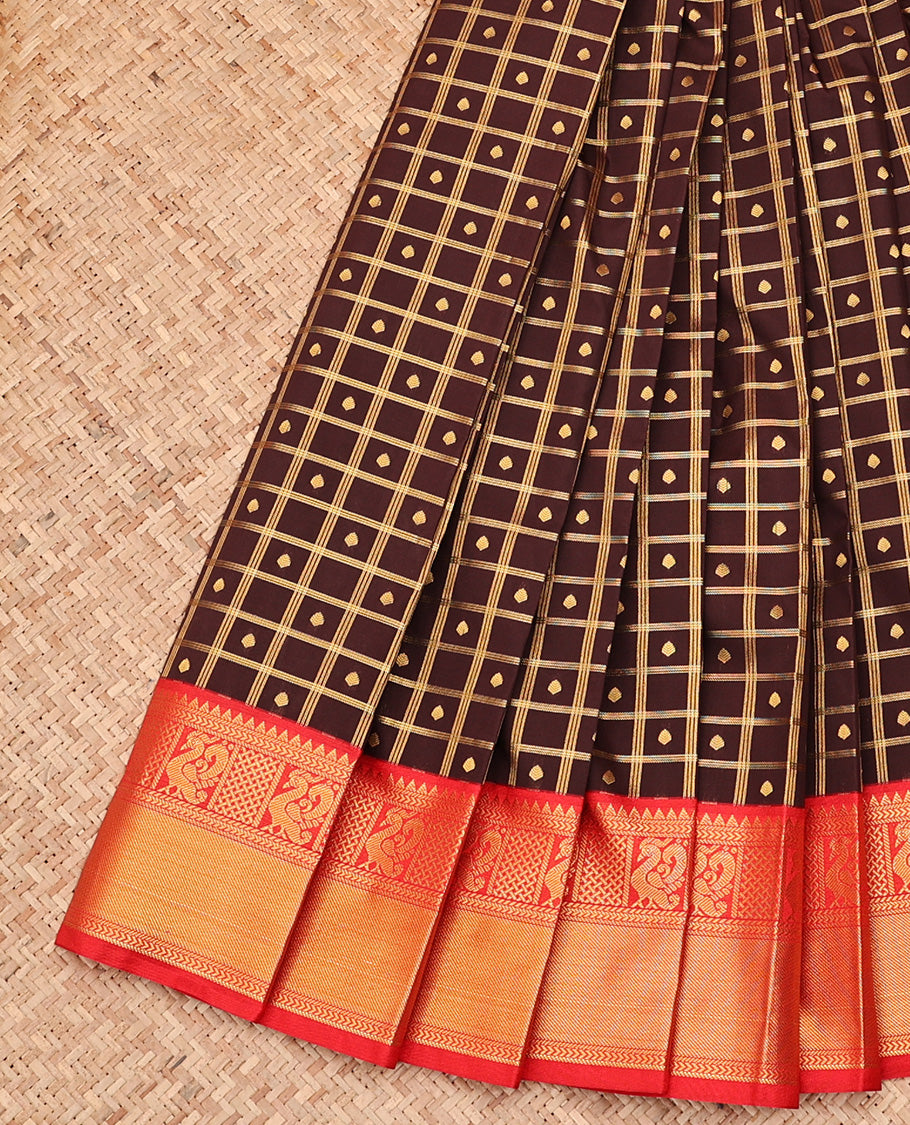 Brown Budget Silk Saree, Accentuated With Zari Butta Enclosed Checks On Its Body, Complemented by Contrast Traditional Zari Designs Woven Border, Grand Jaal Pallu and Paired with a Contrast Blouse