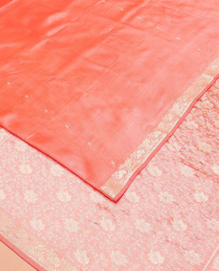 Peach buttas banarasi kathan silk saree, floral creeper border, and pallu of floral jaal design