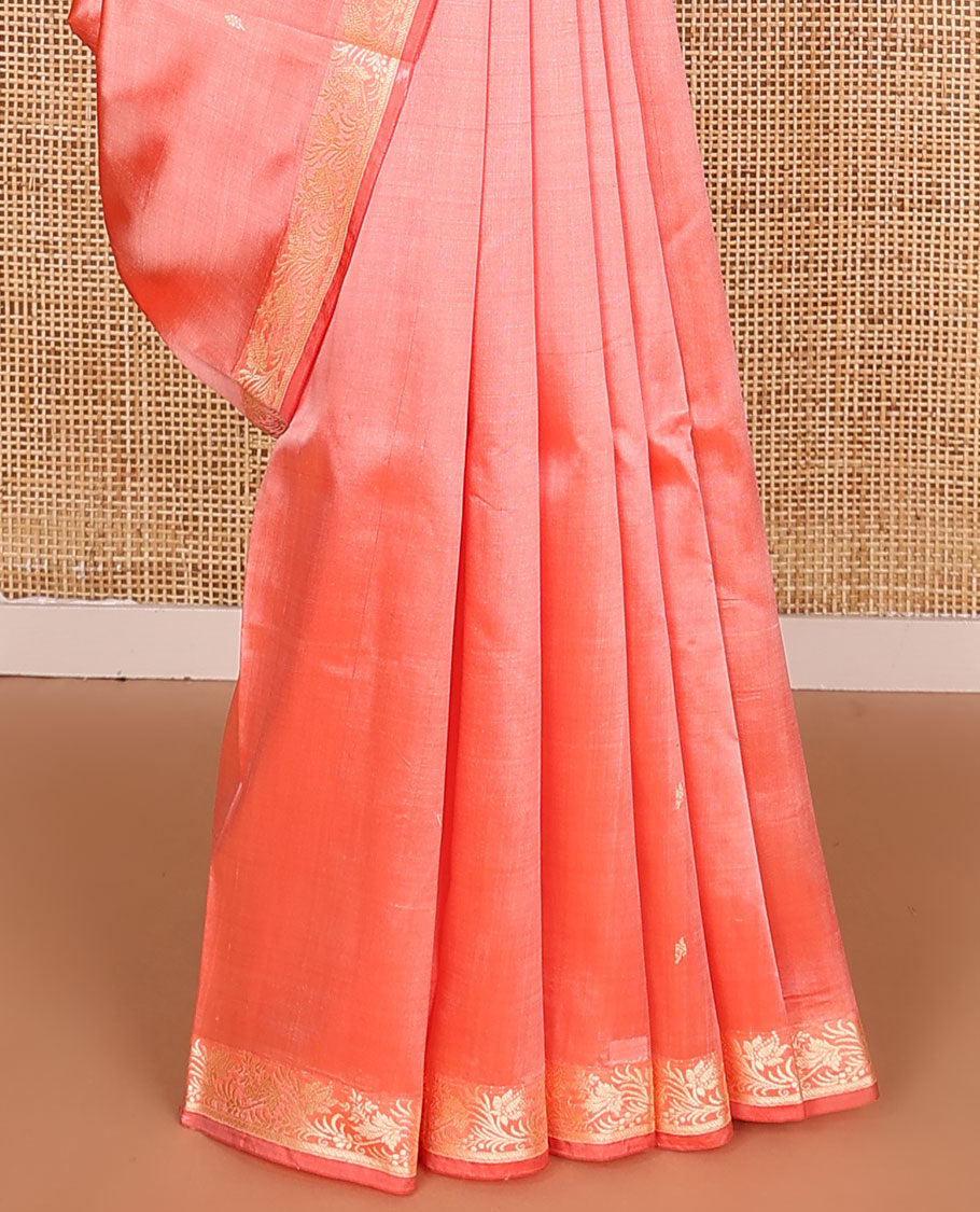 Peach buttas banarasi kathan silk saree, floral creeper border, and pallu of floral jaal design