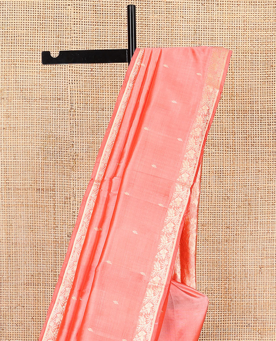 Peach buttas banarasi kathan silk saree, floral creeper border, and pallu of floral jaal design