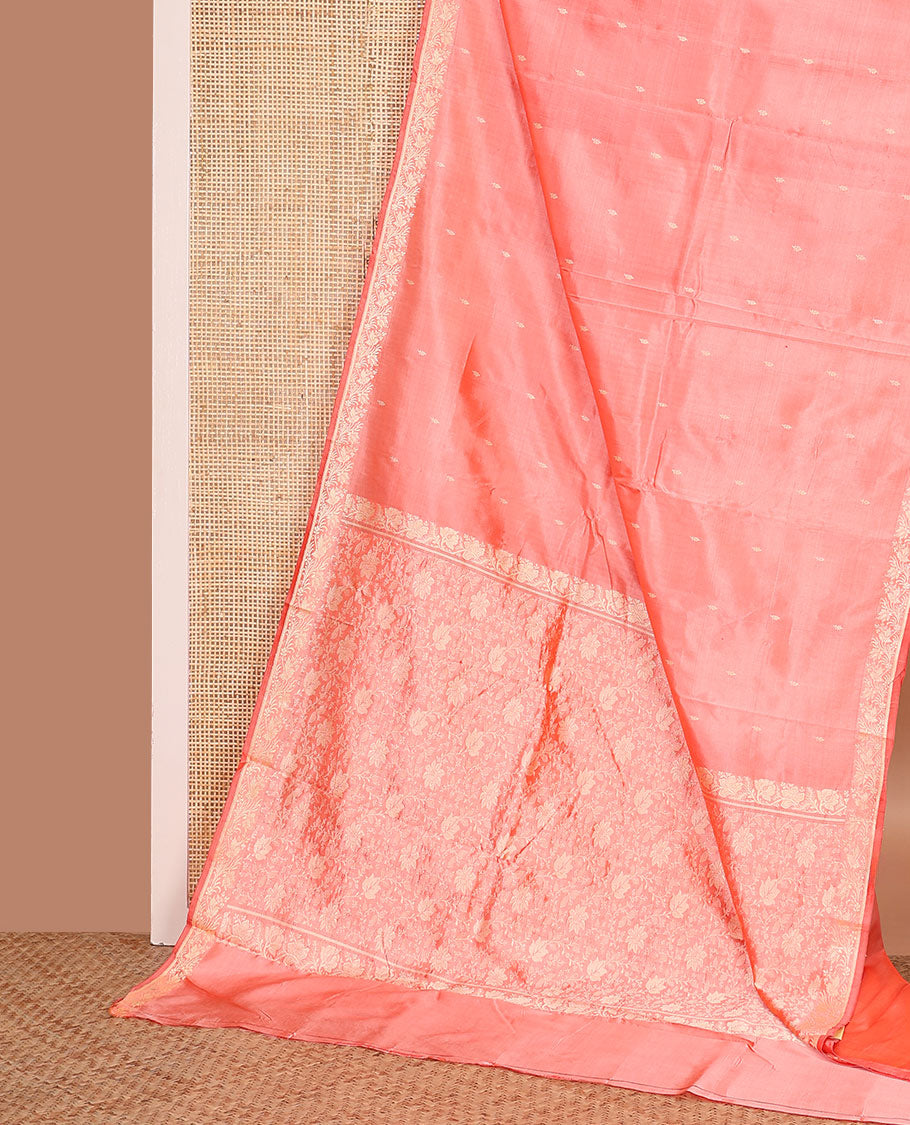 Peach buttas banarasi kathan silk saree, floral creeper border, and pallu of floral jaal design
