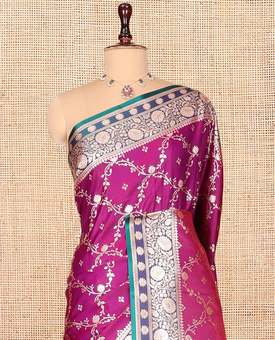 Purple Banarasi Nylon Saree, Gleamed Up with Jacquard, Contrast Floral Creeper Zari Border, Intricate Pallu, and a Contrast Blouse