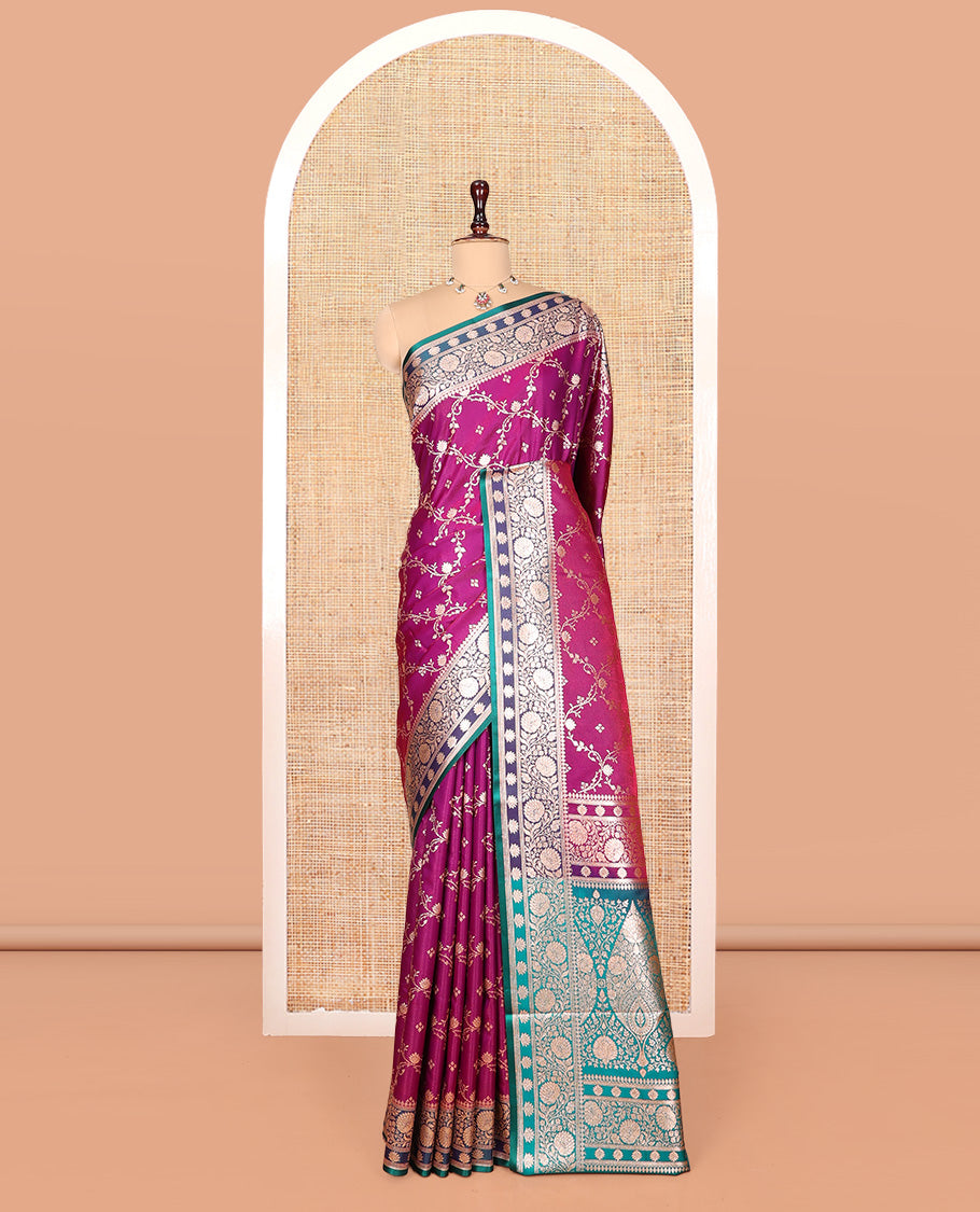 Purple Banarasi Nylon Saree, Gleamed Up with Jacquard, Contrast Floral Creeper Zari Border, Intricate Pallu, and a Contrast Blouse