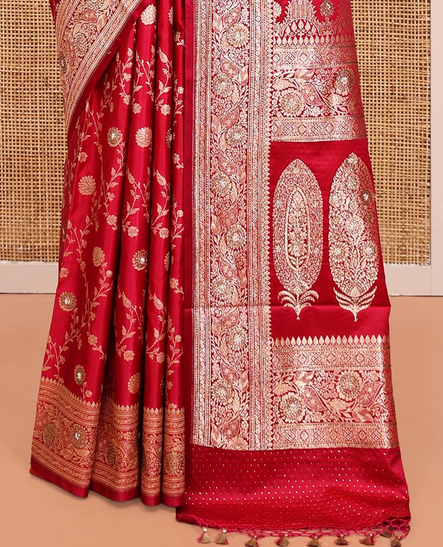Red Banarasi Satin Saree, Mesmerized with Floral Jaal Jacquard, a Floral Creeper Border, Intricate Stonework Pallu, and a Matching Blouse