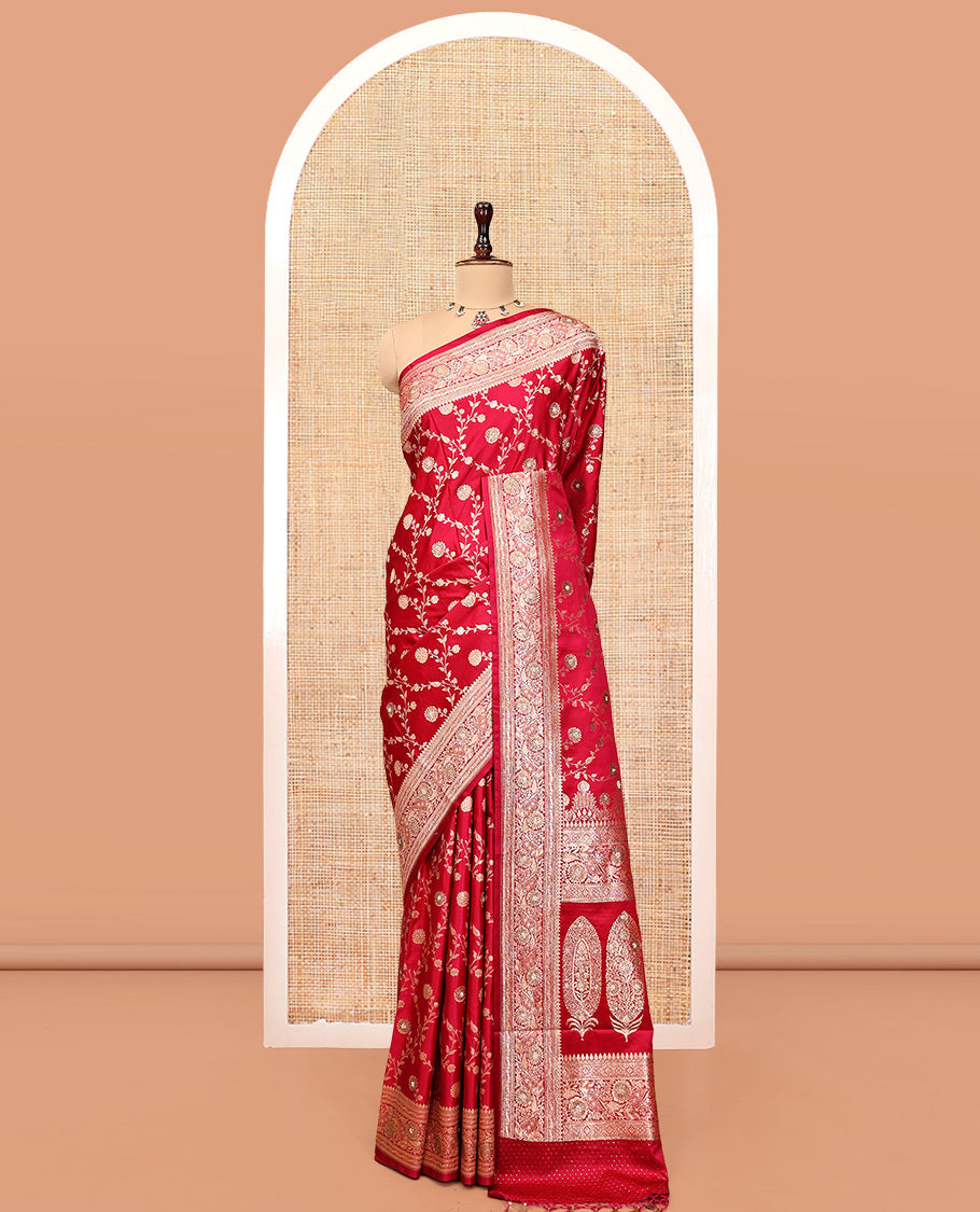 Red Banarasi Satin Saree, Mesmerized with Floral Jaal Jacquard, a Floral Creeper Border, Intricate Stonework Pallu, and a Matching Blouse