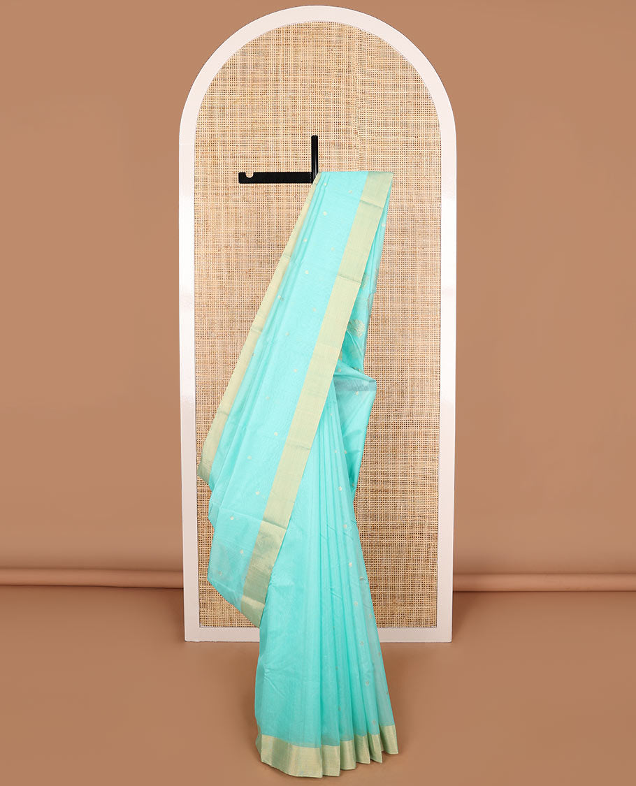 Light blue chanderi cotton saree with contrast zari border & leaf motifs pallu