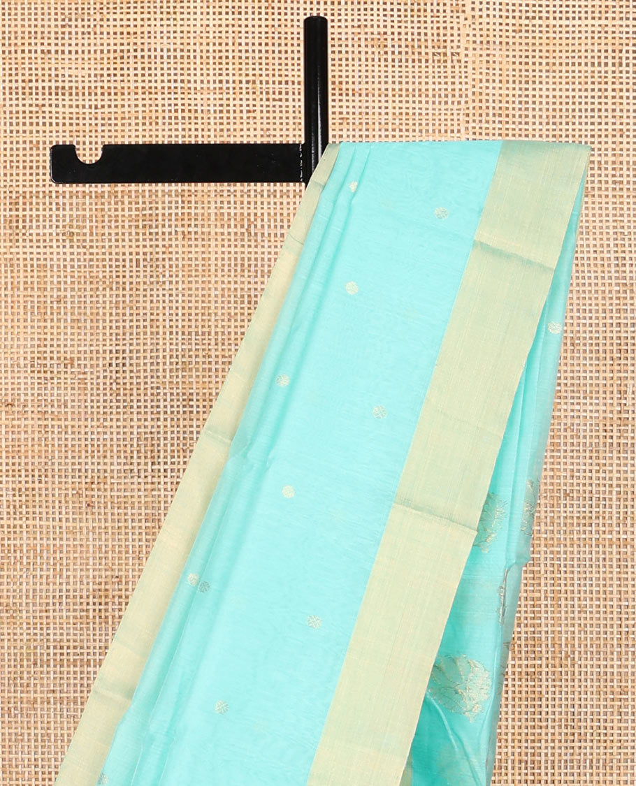 Light blue chanderi cotton saree with contrast zari border & leaf motifs pallu
