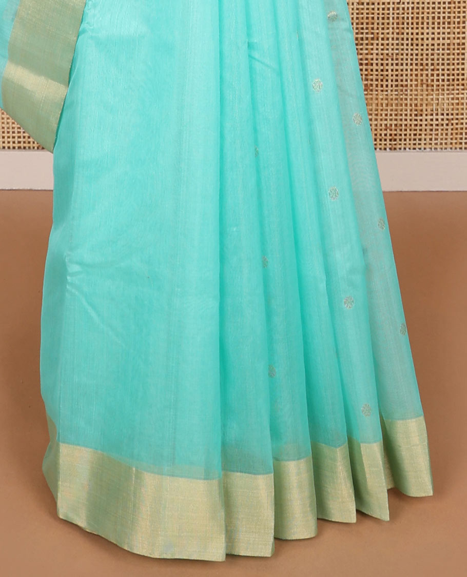 Light blue chanderi cotton saree with contrast zari border & leaf motifs pallu