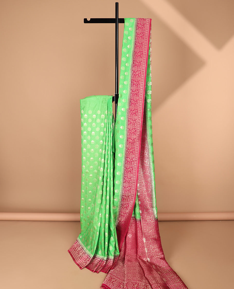 Green Semi banaras chiffon saree with buttas, contrast floral design border & intricately designed pallu