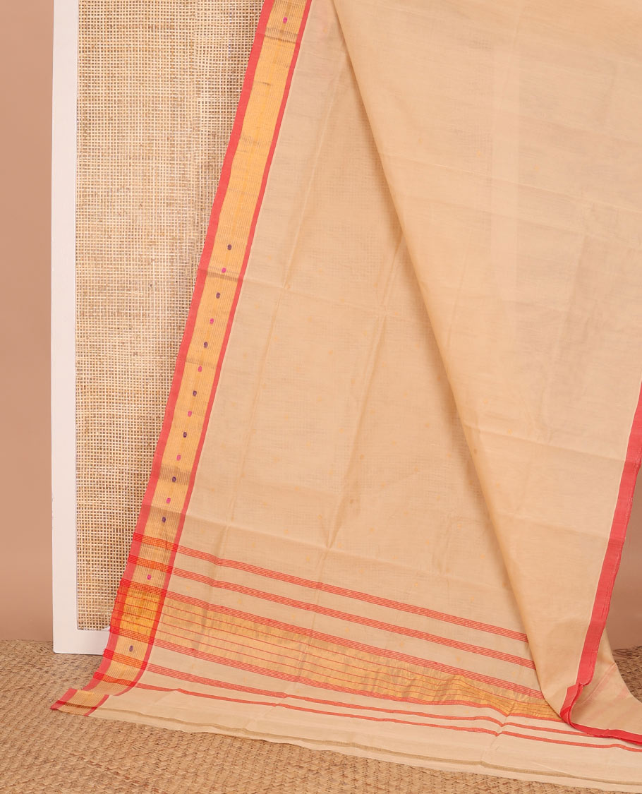 Sandal buttas Venkatagiri cotton saree, contrast zari and thread border, and zari striped pallu
