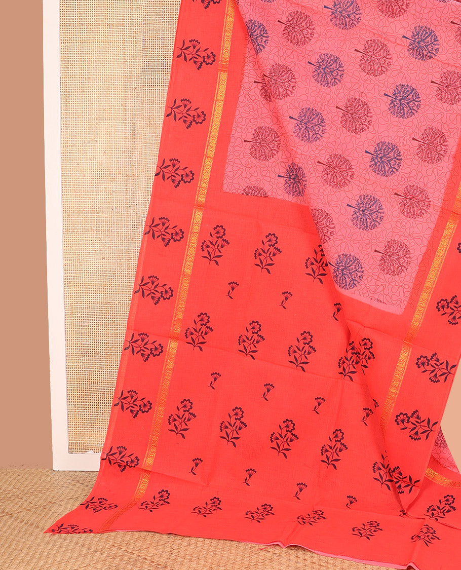 Pink Sungudi Cotton Saree Bedecked with Tree Motifs and Vine Print, Highlighted by Contrast Zari and Print Work Border of Floral Print, and Pallu with Floral Print