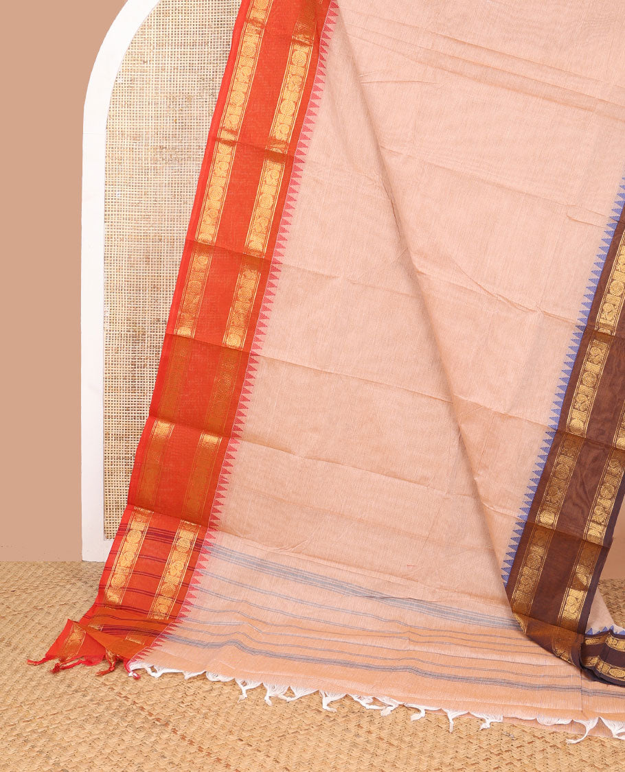 Baby pink chettinad cotton saree with contrast ganga jamuna zari design border & striped pallu