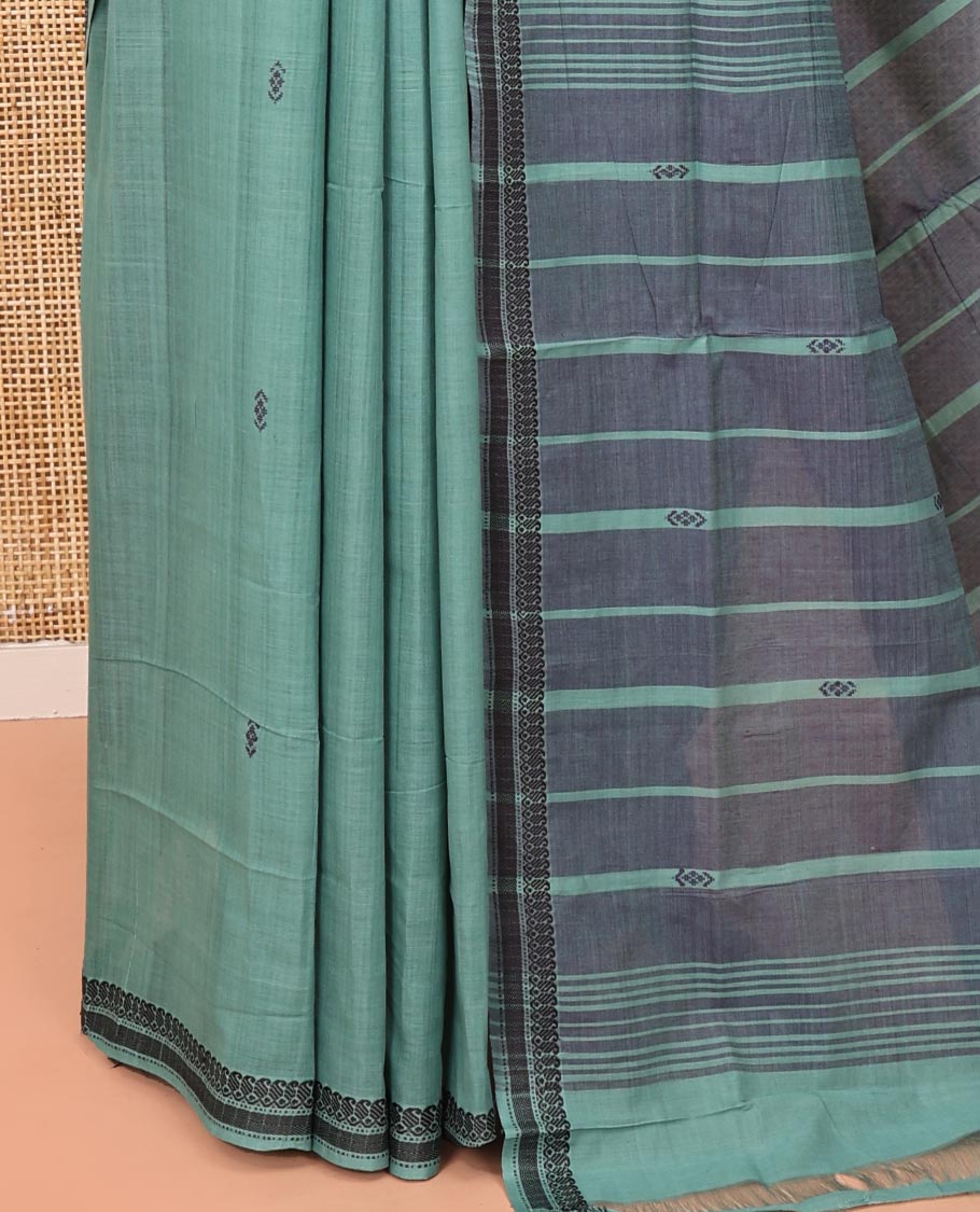 Blue Andhra Cotton Saree, Subtly Woven with Thread Buttas All Over Its Body, Subtly Sparked with a Paisley-Patterned Border, Pallu of Stripes and Buttas, and Paired with a Matching Blouse