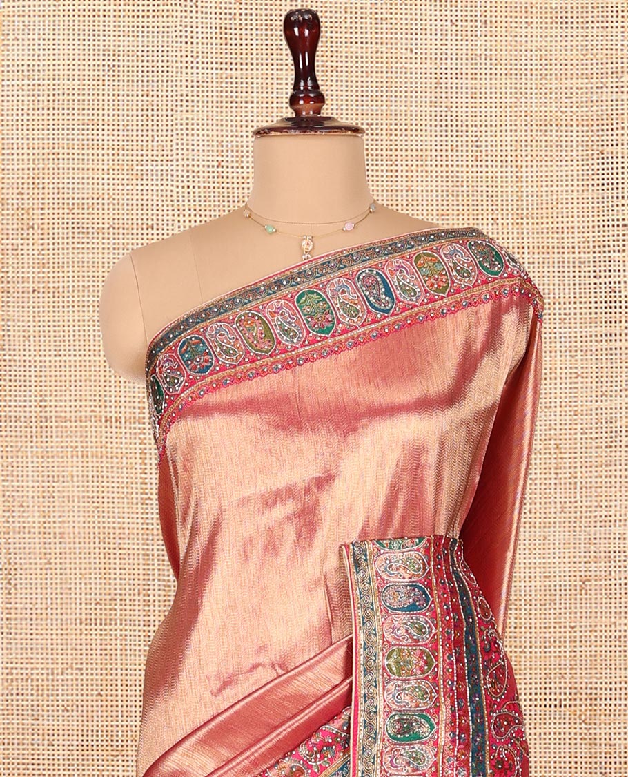 Rose Gold Dola Silk Saree, Sparsely Adorned with Chevron Design, Complemented by Contrast Mughal-Style Patterns Print and Embroidered Border, Intricately Designed Pallu, and Paired with a Matching Blouse