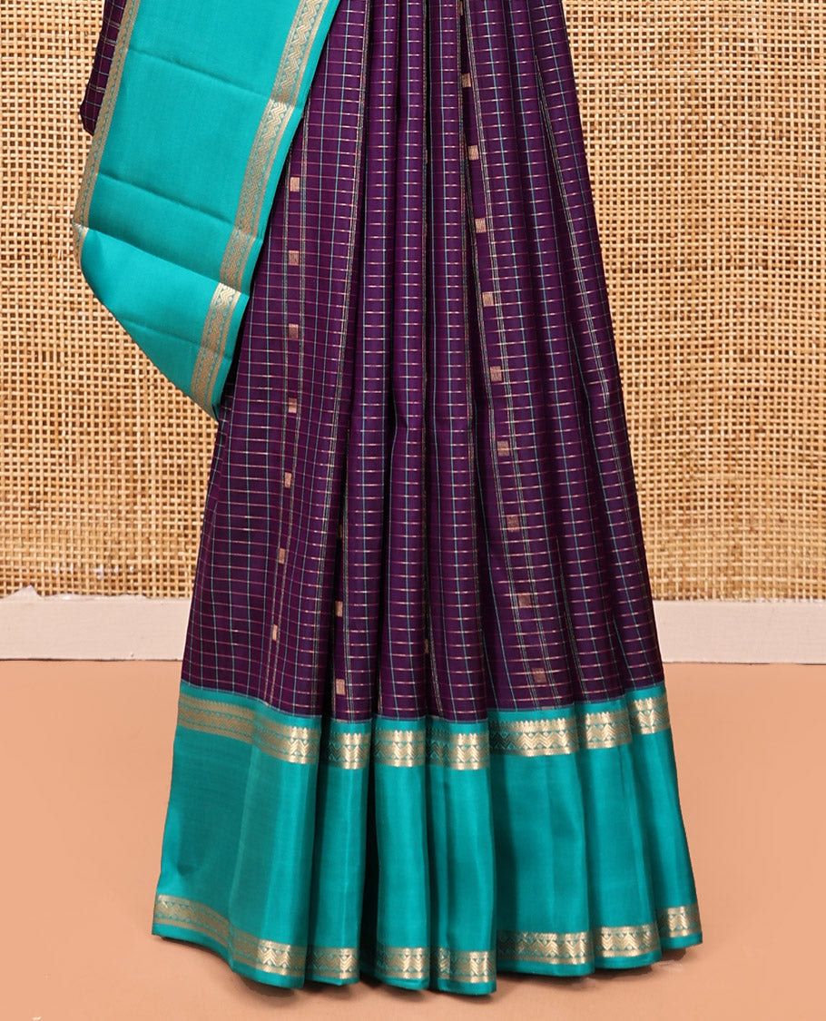 Magenta-Sapphire Blue Vasundhara Silk Saree Features Zari Butta and Checks, Contrast Rettai Pettu Border, Jaal Pallu, and a Contrast Blouse