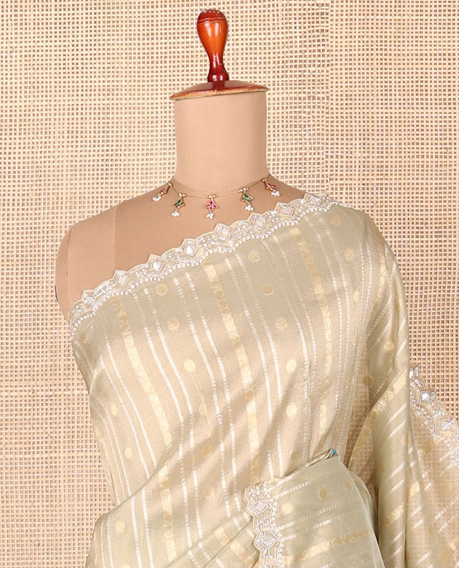 Green zari motifs designer saree, embroidery & zari scallop border, floral embroidered scallop-neck short-sleeve readymade blouse