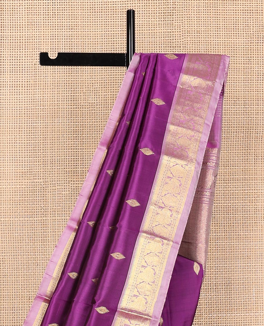 Purple zari buttas Kanchipuram silk saree, contrast border of rekku,banaras,mayil, and manga and jaal pallu