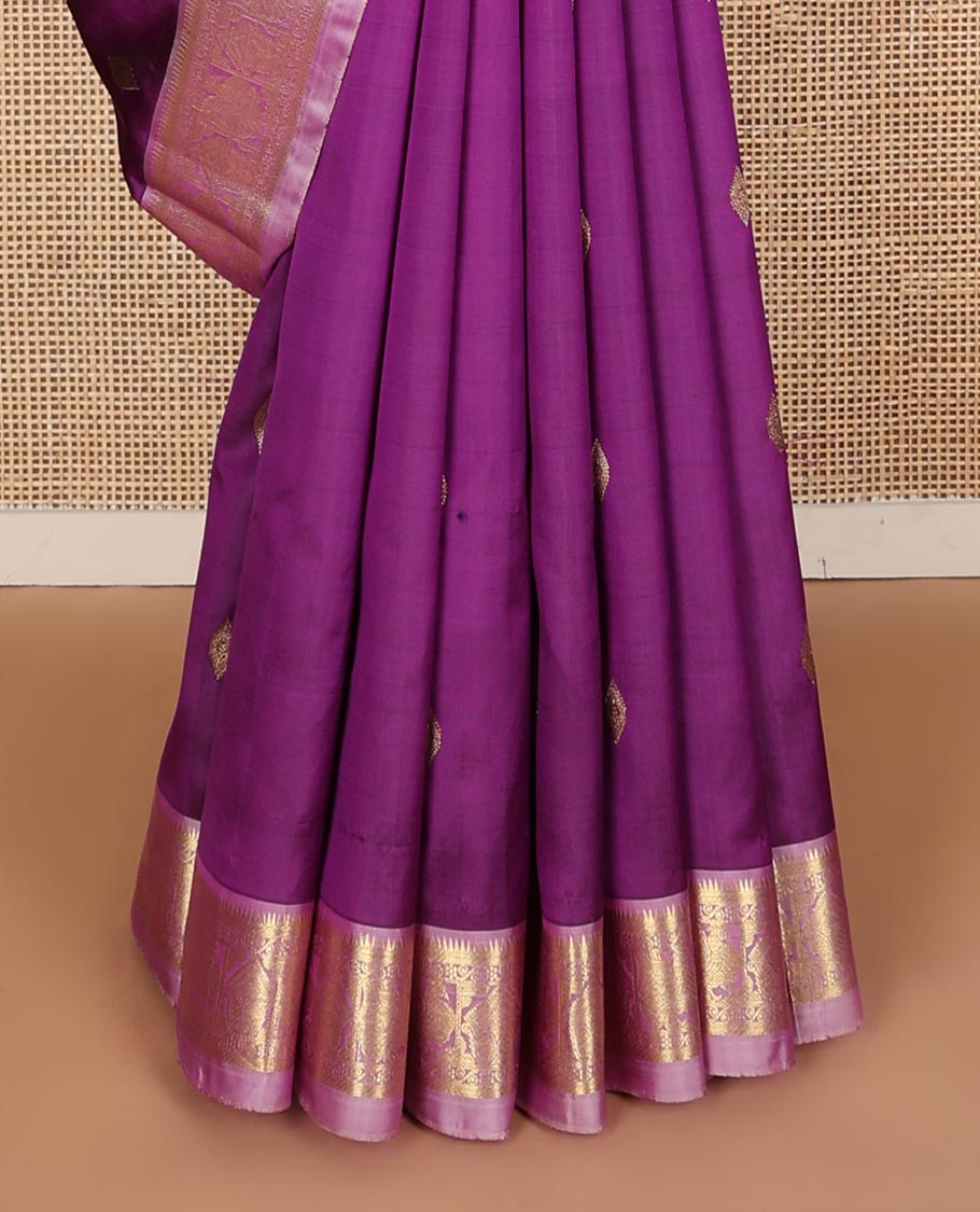Purple zari buttas Kanchipuram silk saree, contrast border of rekku,banaras,mayil, and manga and jaal pallu