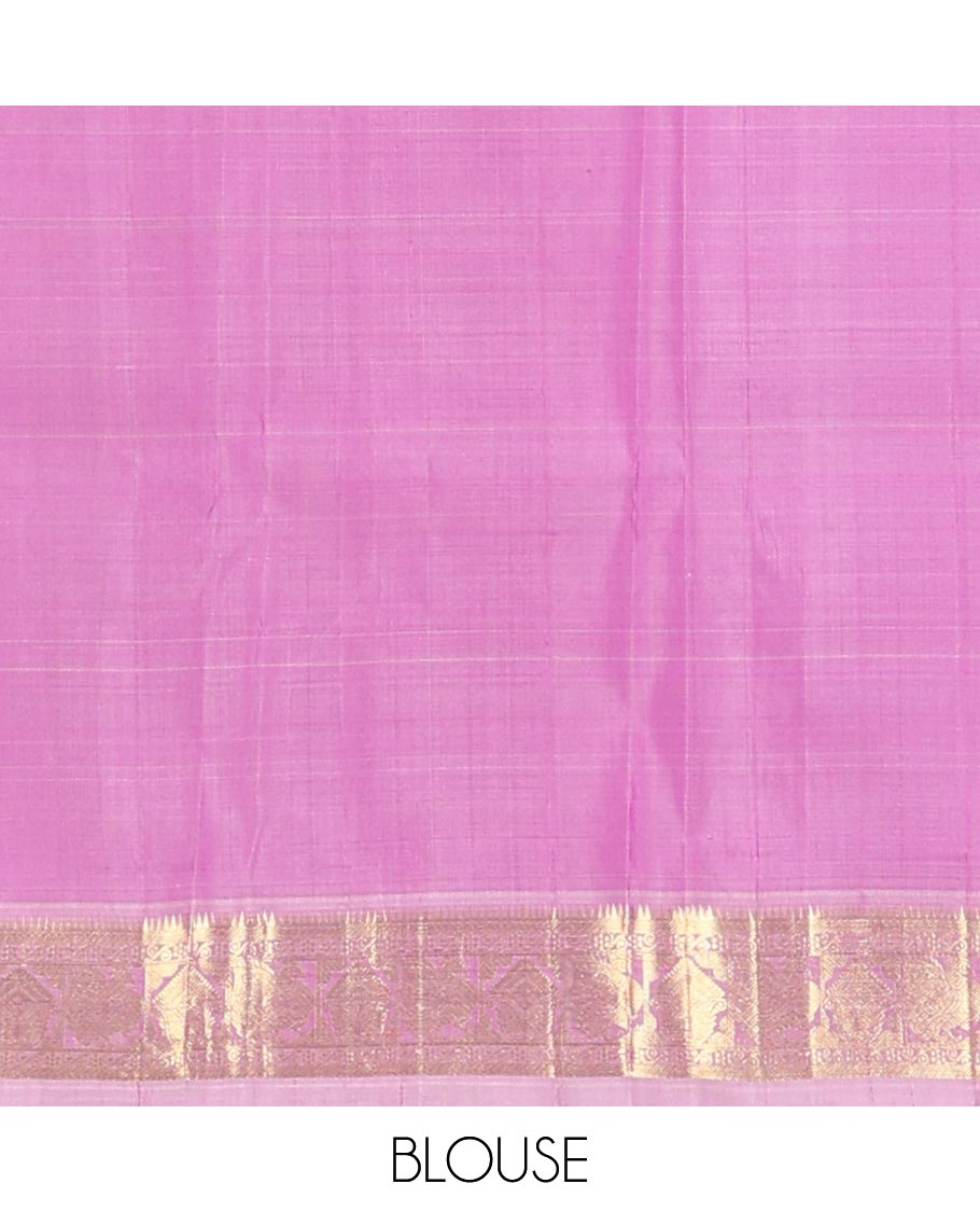 Purple zari buttas Kanchipuram silk saree, contrast border of rekku,banaras,mayil, and manga and jaal pallu
