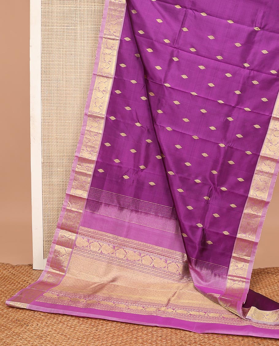 Purple zari buttas Kanchipuram silk saree, contrast border of rekku,banaras,mayil, and manga and jaal pallu