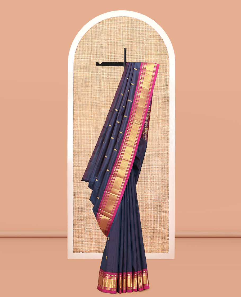 Blue Kanchipuram Silk Saree, Highlighted with Zari Buttas, Complemented by a Contrast Border of Panner Sombu, Banaras, and Jaal Design, Zari Design Pallu, and No Blouse