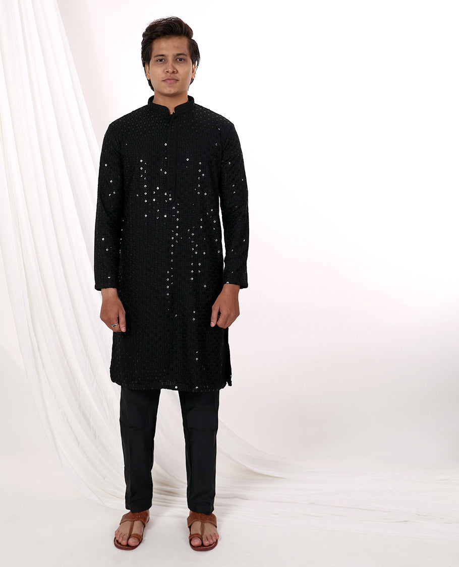 Black thread embroidery with sequins work mandarin collar & full-sleeve long raw silk kurta