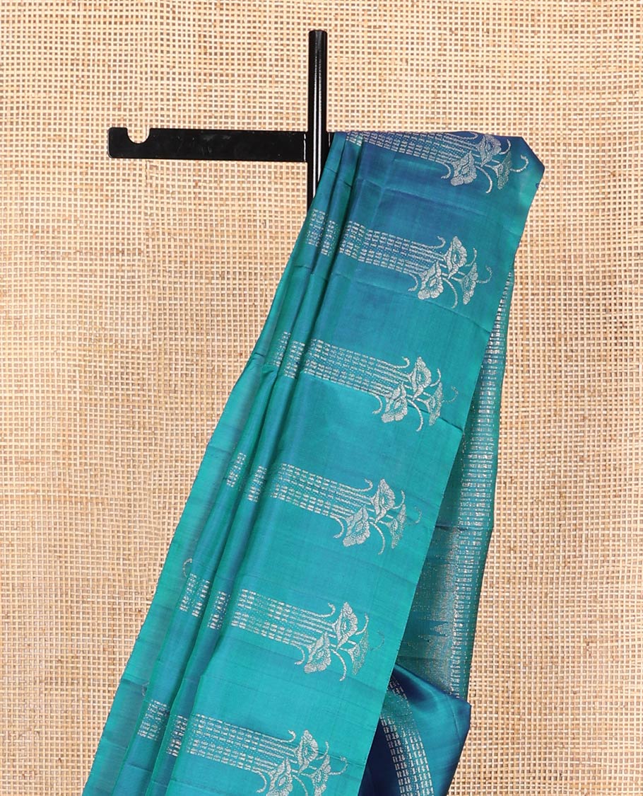 Borderless blue zari buttas soft silk saree, zari pallu of geometric designs