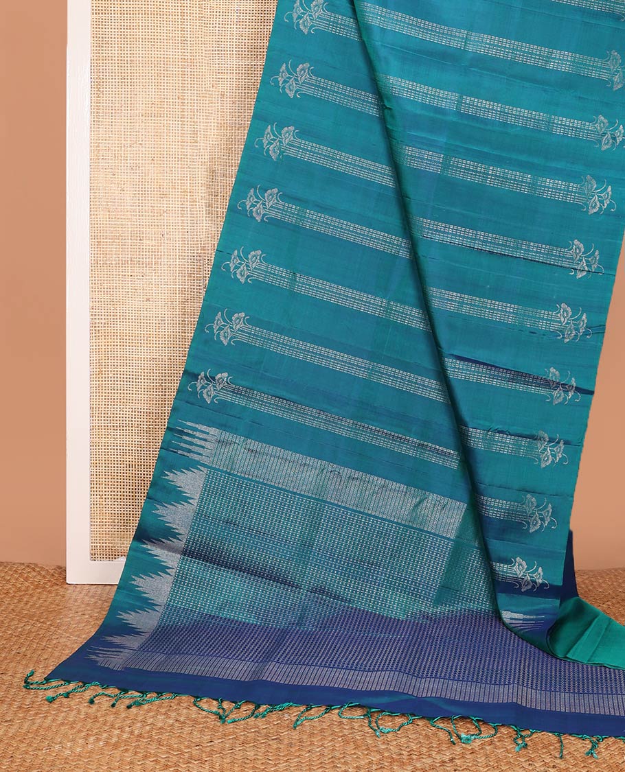 Borderless blue zari buttas soft silk saree, zari pallu of geometric designs