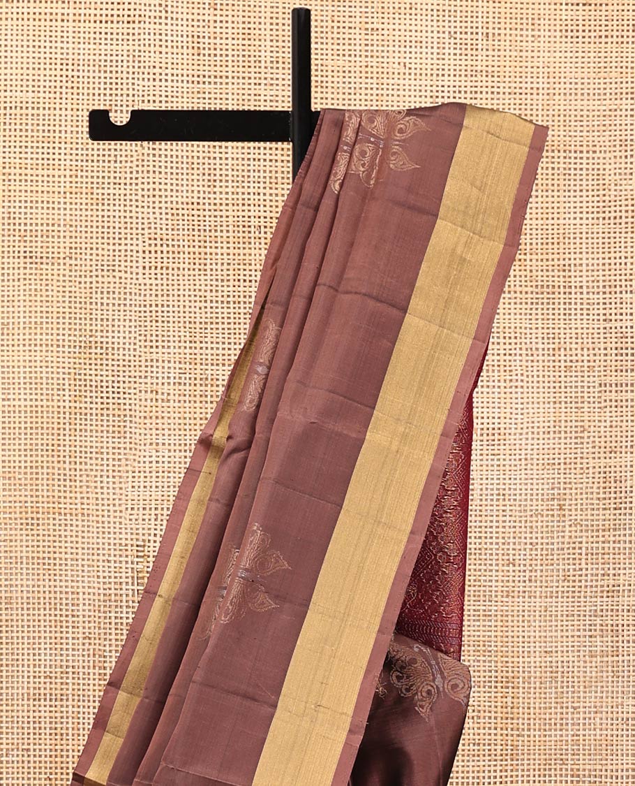 Brown Mayuri Lite Silk Mix Saree, Sparsely Woven with Butterfly Buttas on Its Body, Highlighted by Zari Bavanji Border, Complemented by a Contrast Pallu of Chevron Designs, and Paired with a Contrast Blouse
