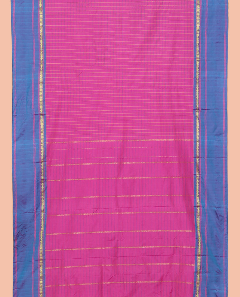 Pink Ten Yard Saree, Adorned with Checks, a Contrast Rudraksham Border, Pallu of Stripes, and No Blouse