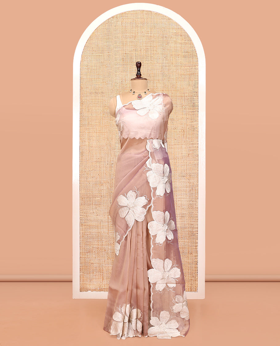 Pale Brown Plain Organza Saree, a Scalloped Floral Thread Embroidery Border, and a Matching Embroidered Blouse