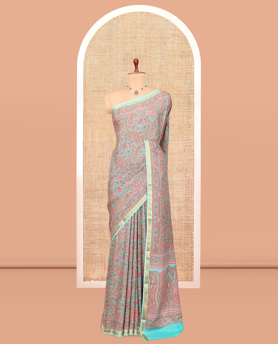 Blue Floral-Paisley Printed Silk Saree, a Traditional Border, Floral Pallu, a Matching Blouse