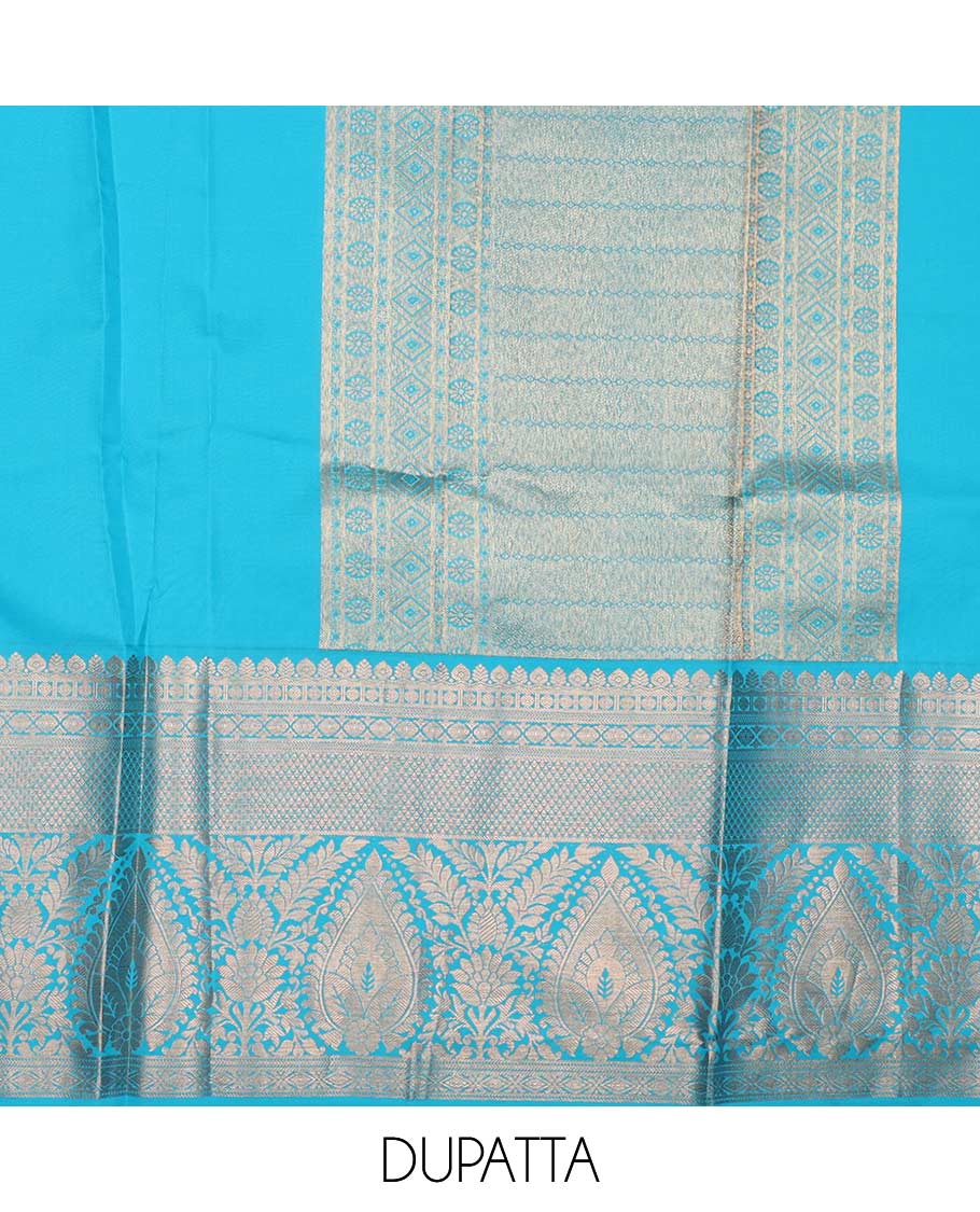 Green pure-silk half saree, jacquard with contrast traditional zari bordered skirt, blouse of thilakam mokku,poun, vanki, and thilakam designs , and zari design dhavani