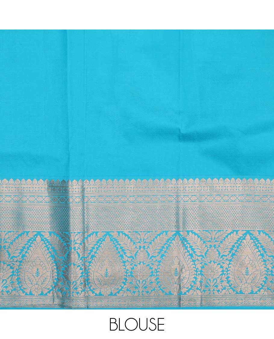 Green pure-silk half saree, jacquard with contrast traditional zari bordered skirt, blouse of thilakam mokku,poun, vanki, and thilakam designs , and zari design dhavani