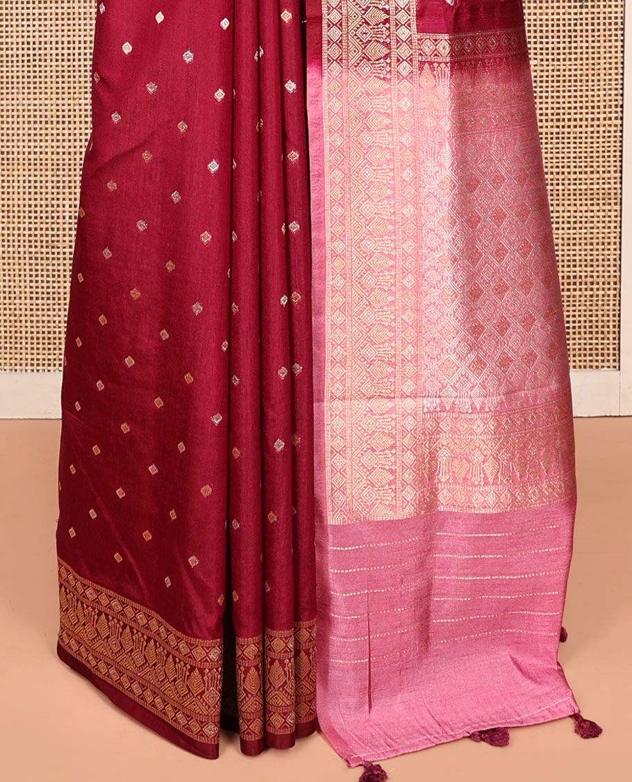 Red Matka Silk Saree, Detailed with Buttas on Its Body, Highlighted by a Geometric Patterned Border, Complemented by a Contrast Pallu of Jaal Designs, and Paired with a Contrast Blouse