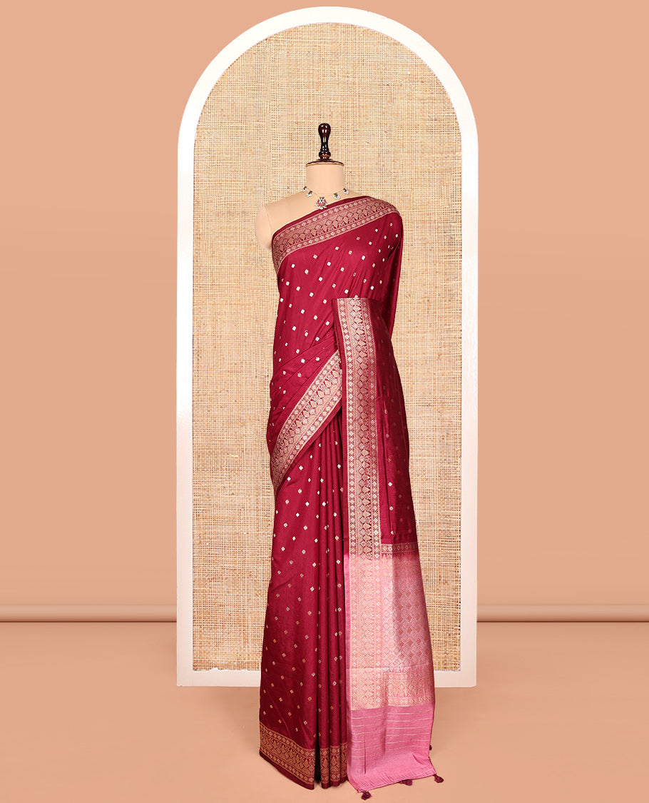 Red Matka Silk Saree, Detailed with Buttas on Its Body, Highlighted by a Geometric Patterned Border, Complemented by a Contrast Pallu of Jaal Designs, and Paired with a Contrast Blouse